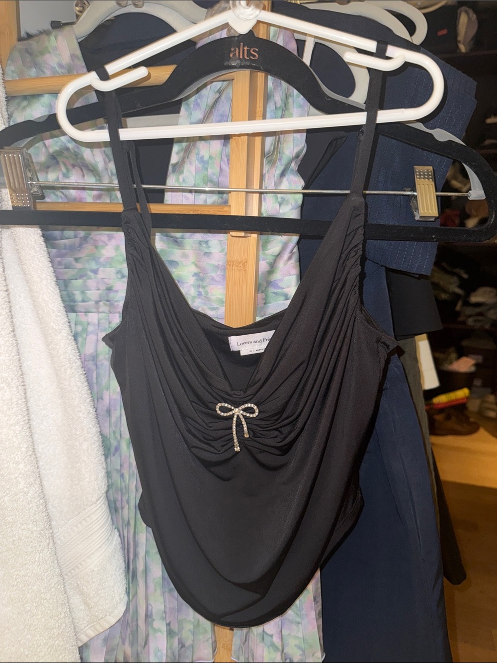 Lovers + Friends Black Draped Cowl Cami with Rhinestone Bow Accent